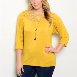 Plus Size Mustard Top with Floral Lace Neckline